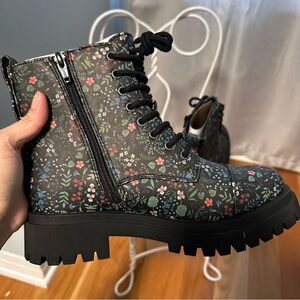 SO Black Floral Lace-Up Combat Boots with Side Zip